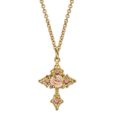 Gold Tone Crystal And Porcelain Rose Cross Filigree Necklace 18 In Adj