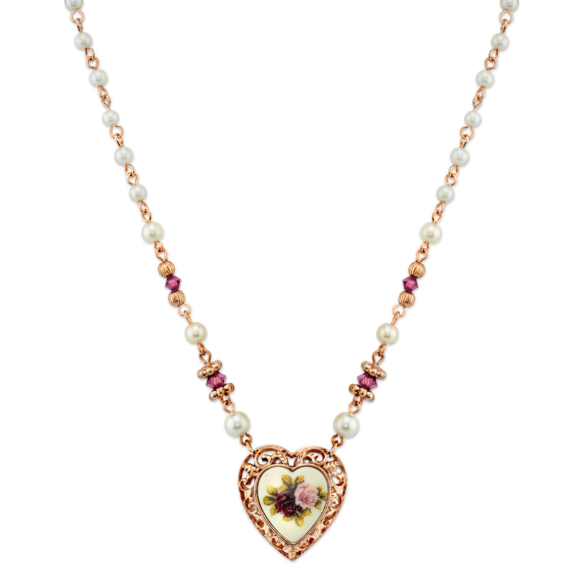 1928 Jewelry Rose Faux Pearl Purple Flower Heart Pendant Necklace 15
