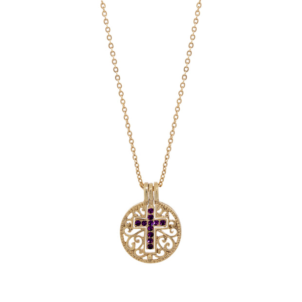 Symbols Of Faith Round Filigree Birthstone Crystal Swinging Cross Pendant Necklace 18"