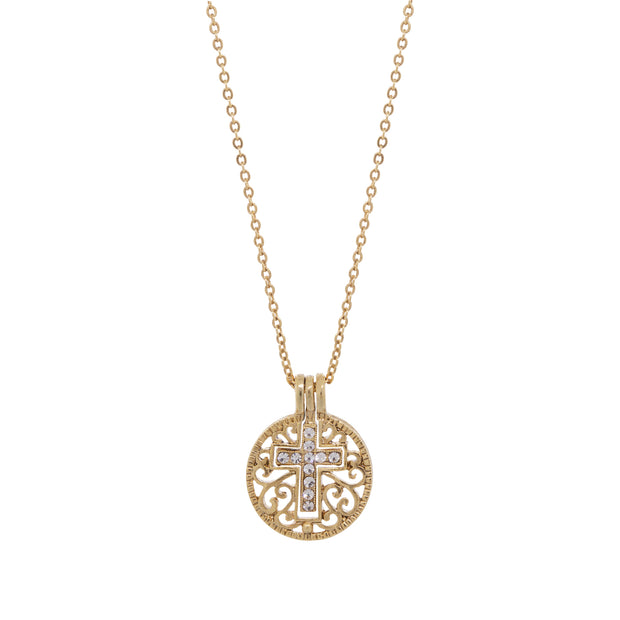 Symbols Of Faith Round Filigree Birthstone Crystal Swinging Cross Pendant Necklace 18"