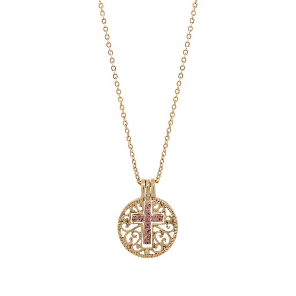 symbols of faith round filigree birthstone crystal swinging cross pendant necklace 18