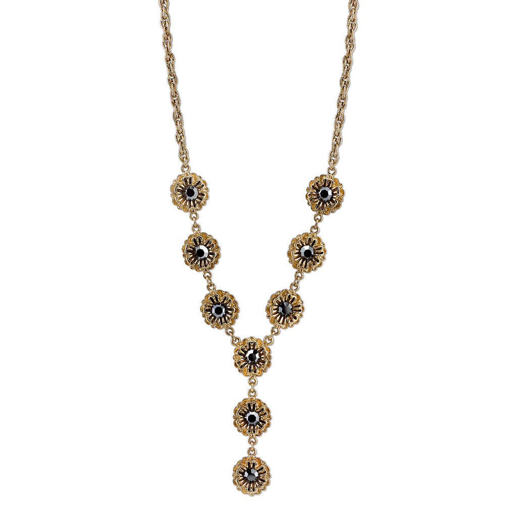 Gold Tone Hematite Color Crystal Flower Y Necklace 16   19 Inch Adjustable