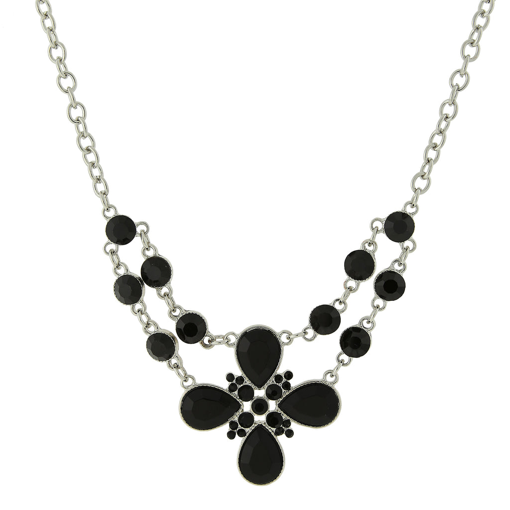Silver Tone Black Flower Bib Necklace 16   19 Inch Adjustable
