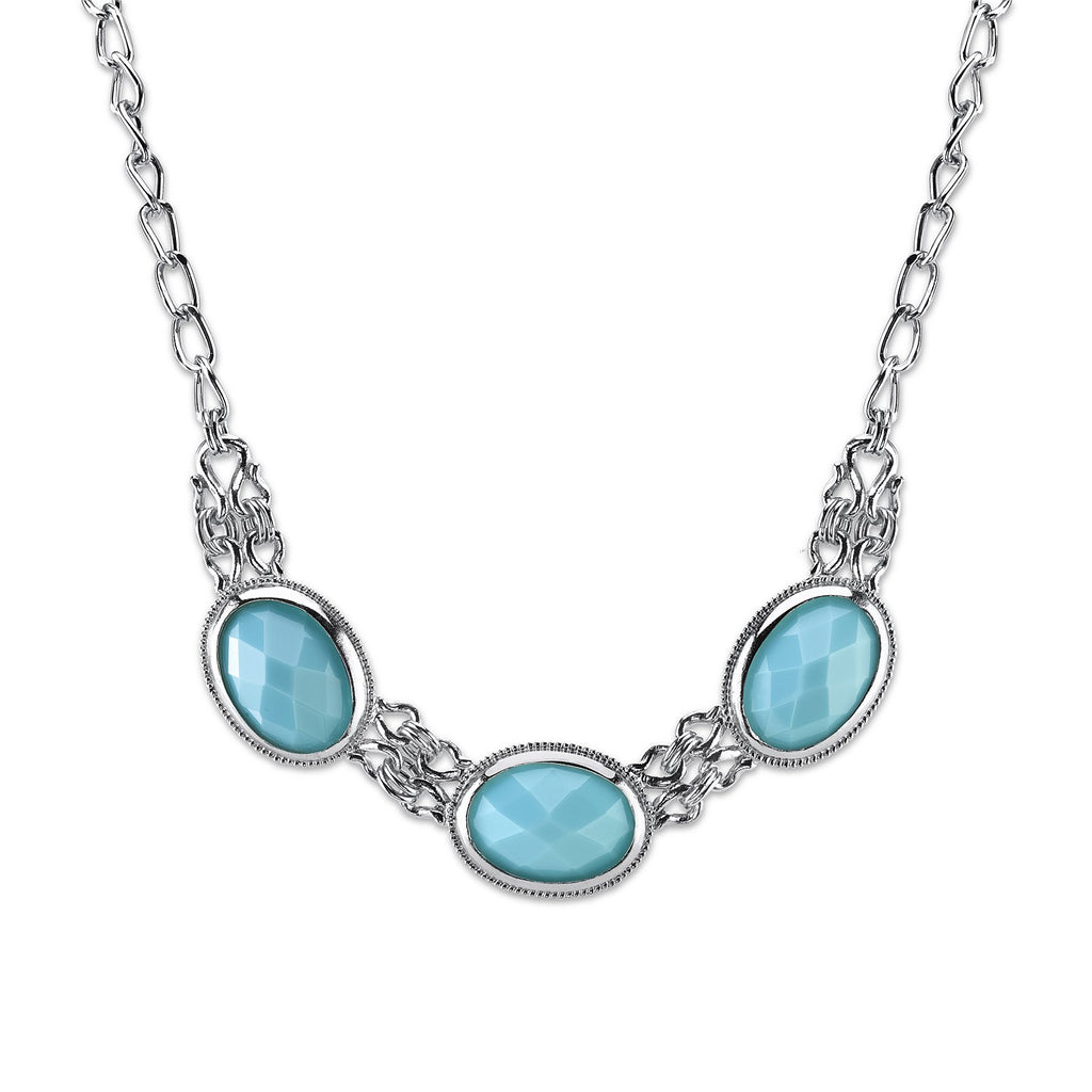 Silver Tone Light Blue Triple Oval Faceted Stone Collar Necklace 16   19 Inch Adjustable