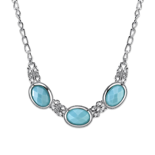 Silver Tone Light Blue Triple Oval Faceted Stone Collar Necklace 16 - 19 Inch Adjustable