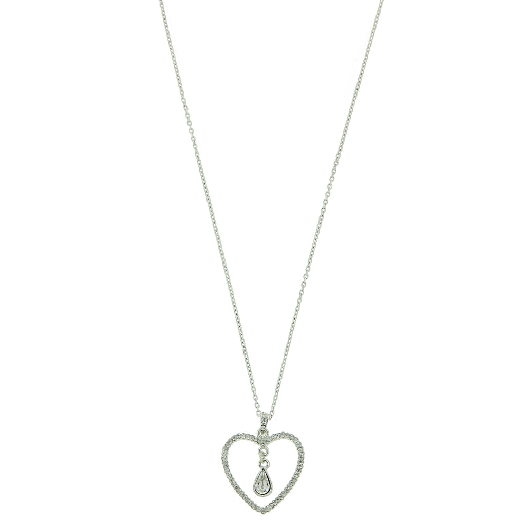 Silver Tone Crystal Heart & Teardrop Necklace 16   19 Inch Adjustable
