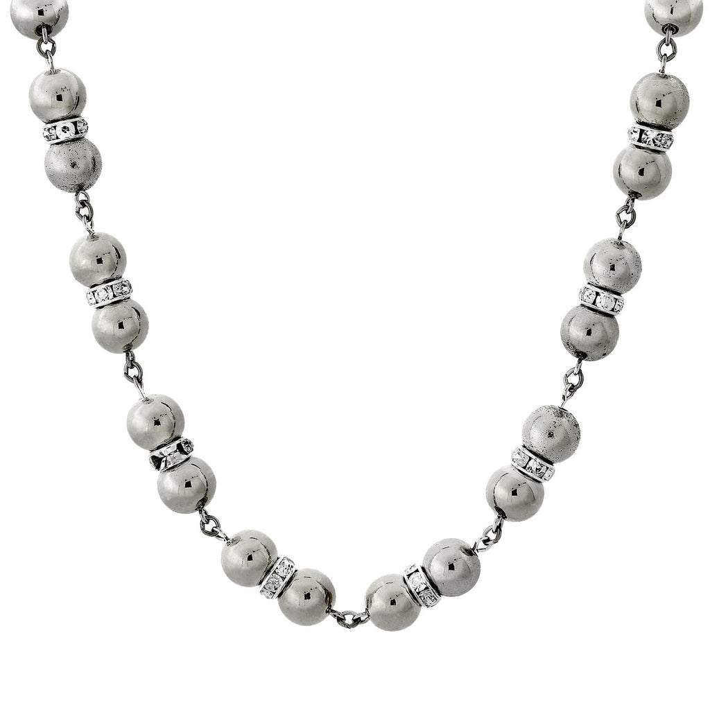 2028 Jewelry Polished Silver Beaded Crystal Accent Strand Necklace 16 - 19 Inch Adjustable