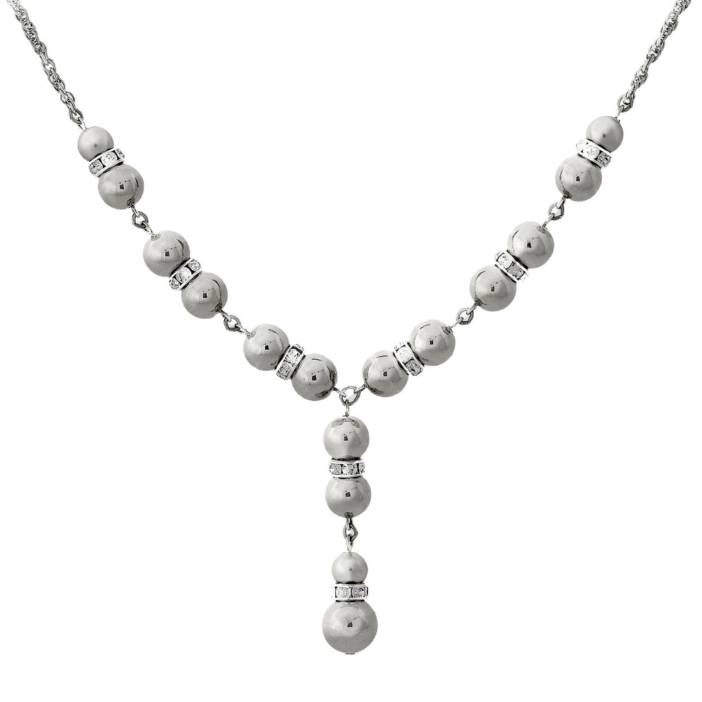 2028 Jewelry Polished Silver Beaded Crystal Accent Y-Necklace 16 - 19 Inch Adjustable