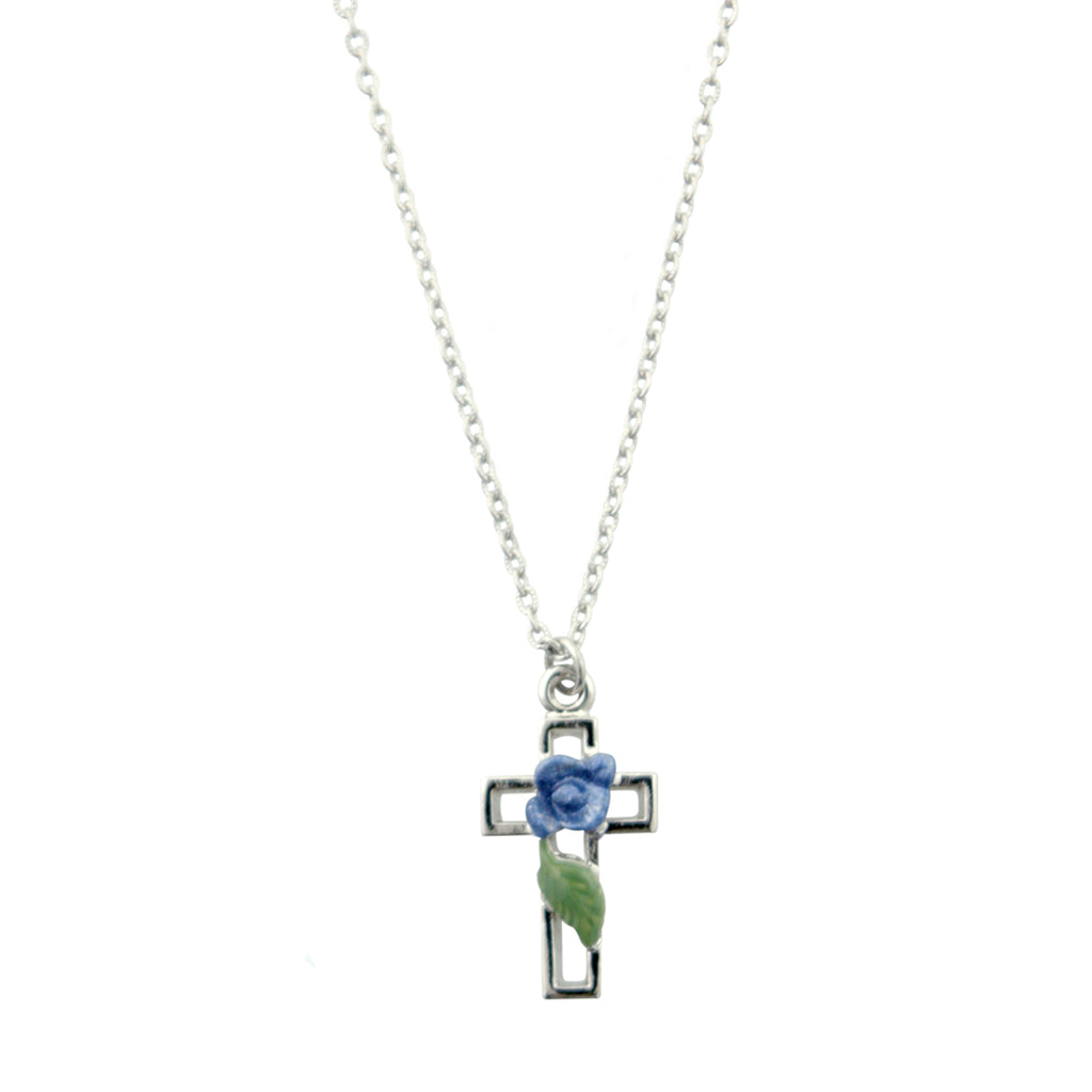 Blue Hand Enameled Blue Rose And Leave Cross Necklace 16   19 Inch Adjustable