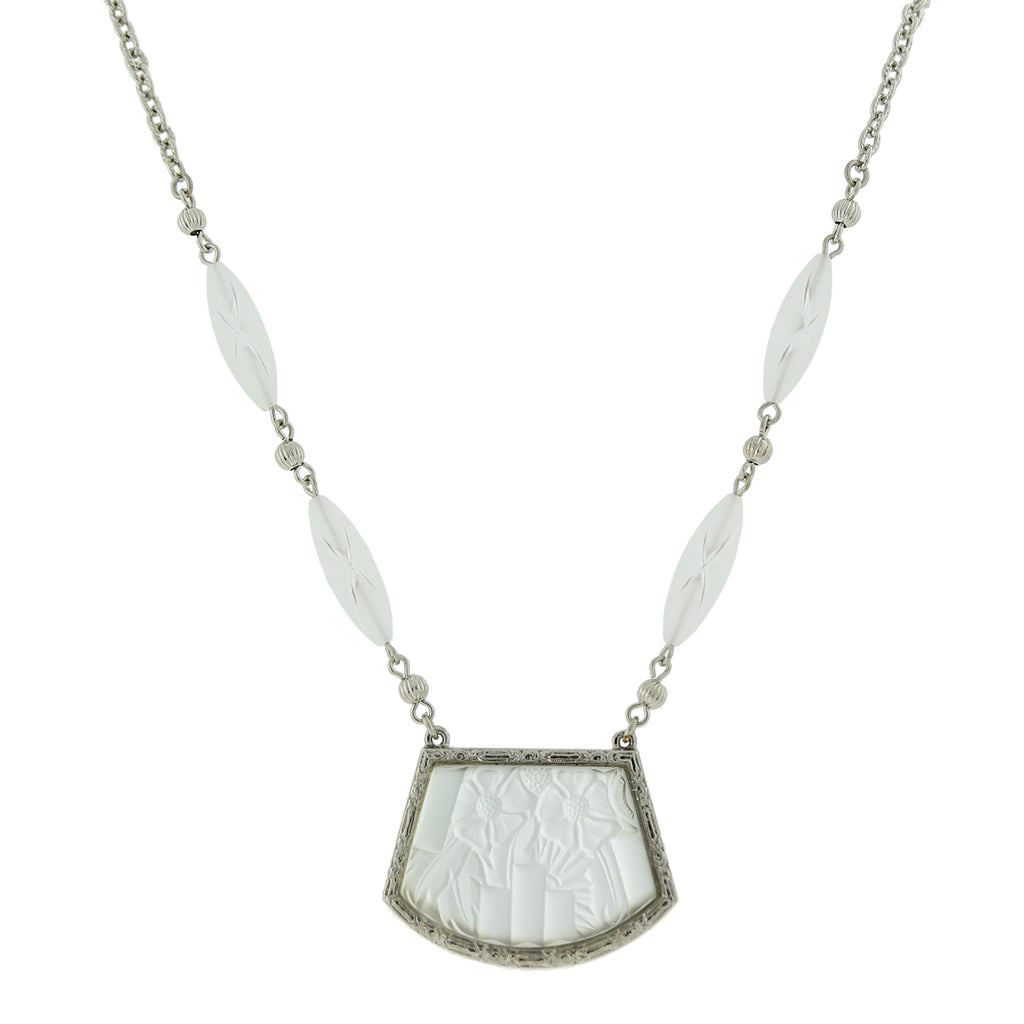 Silver Tone White Lalique Pendant Necklace 16   19 Inch Adjustable