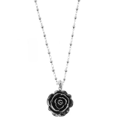 Silver Tone Black Enamel Flower Necklace 14 In Adj