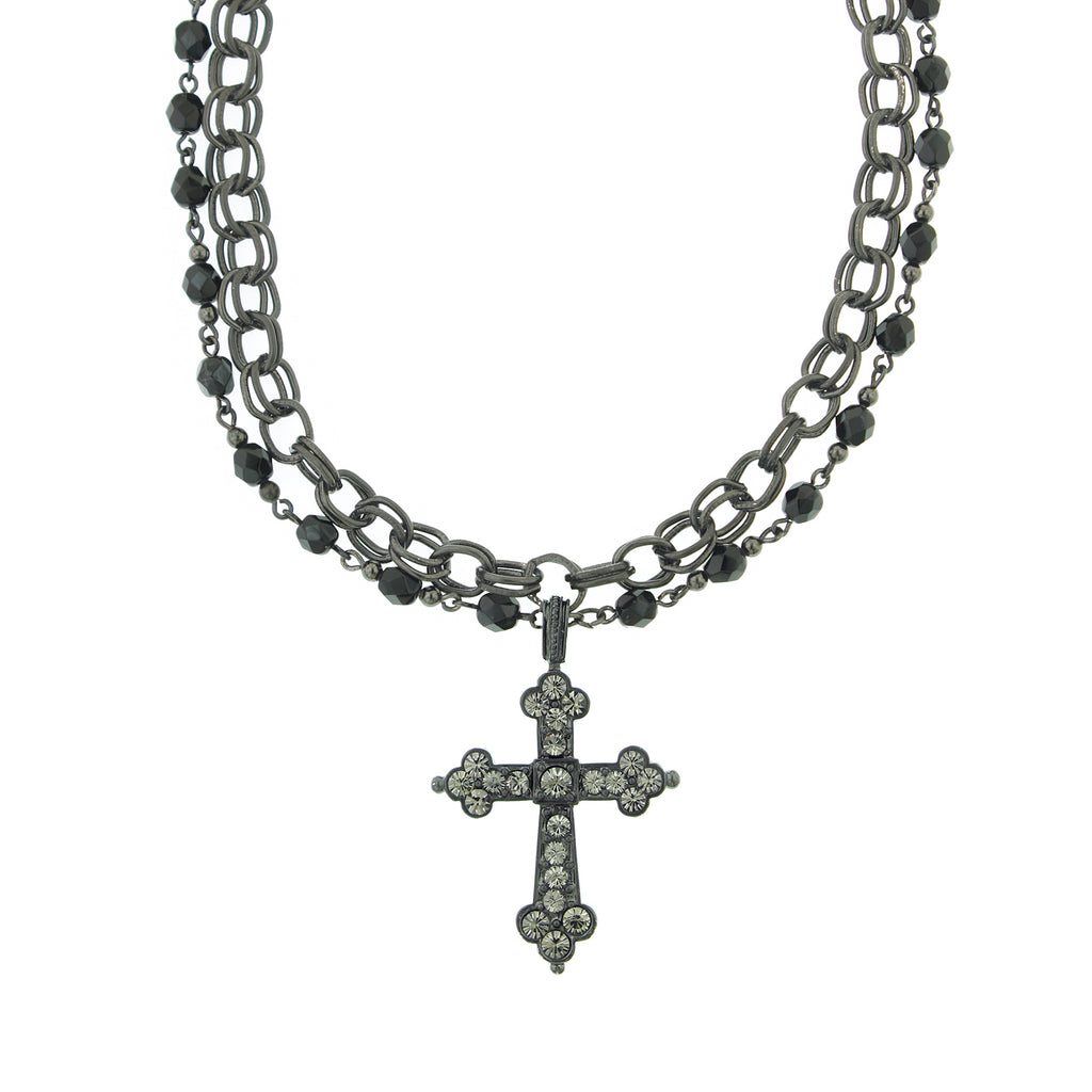 Jet Black Diamond Chain And Beaded Cross Necklace 16   19 Inch Adjustable