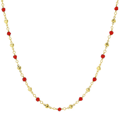 Gold Tone Red Bead And Heart Chain Necklace 16   19 Inch Adjustable