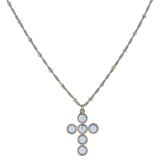 Silver Tone Lt. Blue Swarovski Elements Cross Necklace 16   19 Inch Adjustable