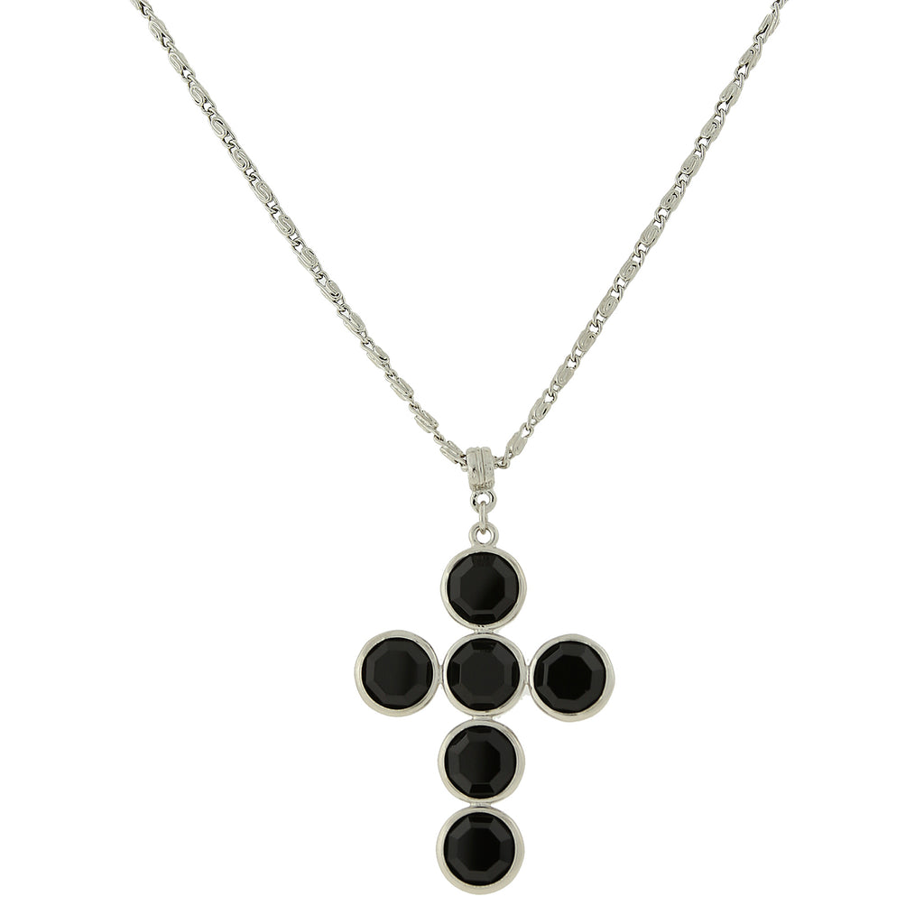 Silver Tone Black Austrian Cross Necklace 20 In
