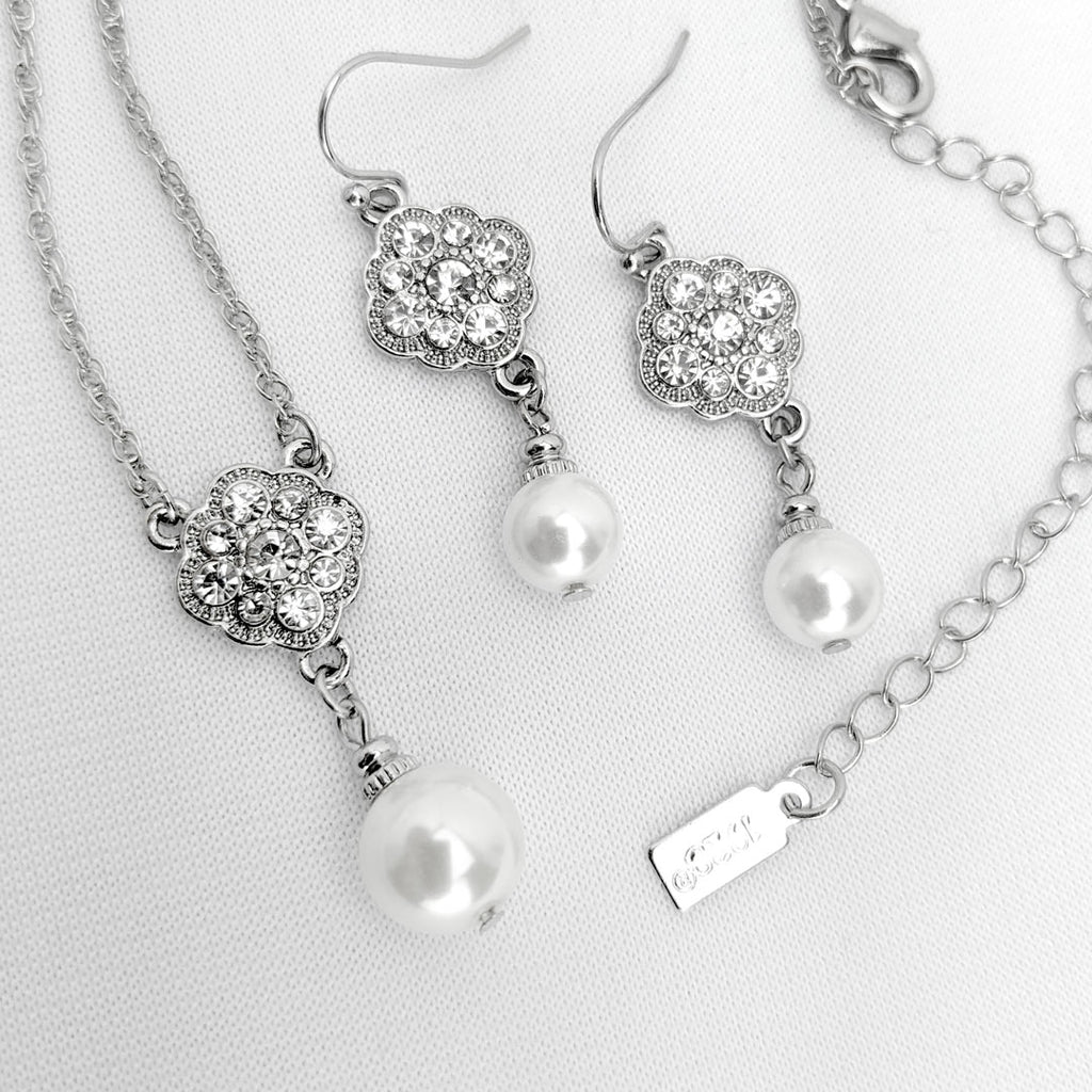 silver tone faux white pearl and crystal 16 adj necklace