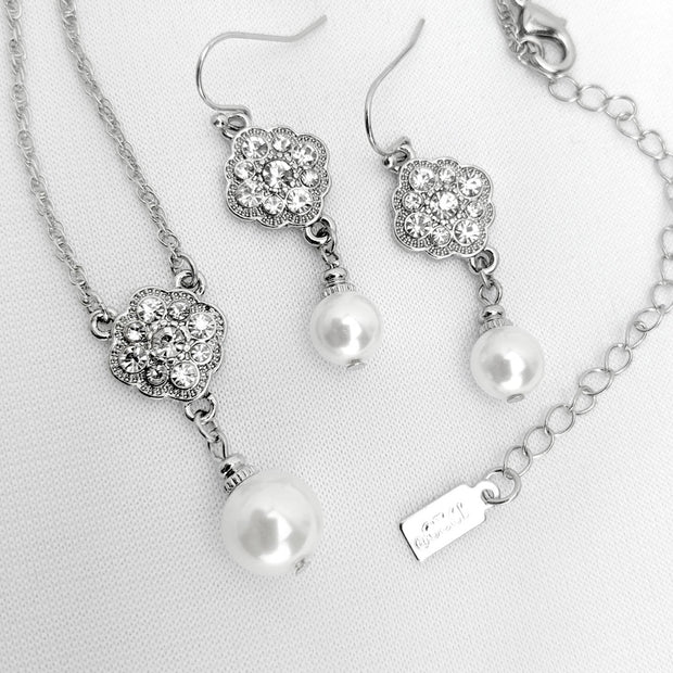 1928 Bridal Faux Pearl And Crystal Pendant Necklace 16" + 3" Extender