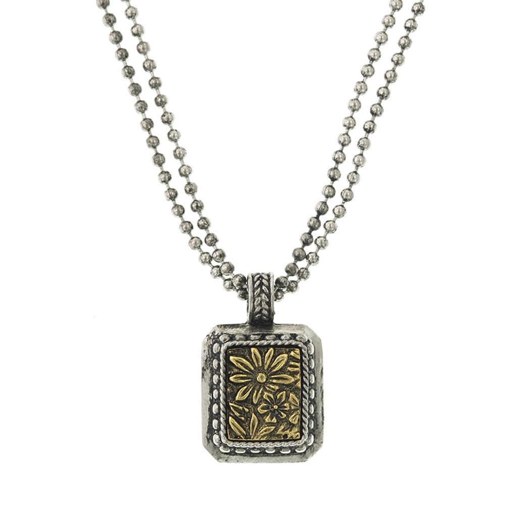 Silver Tone And Brass Square Pendant Necklace 16   19 Inch Adjustable