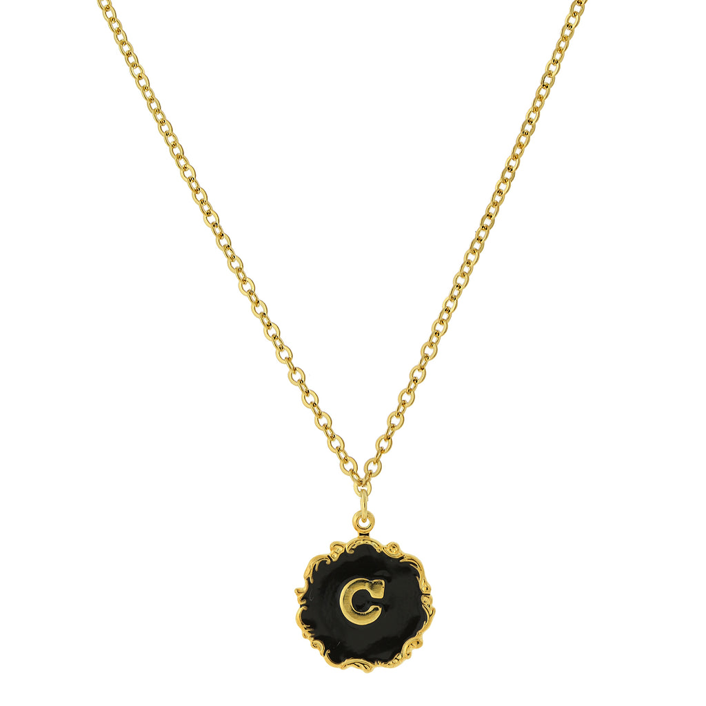 14K Gold Dipped Black Enamel Initial Pendant Necklaces  C