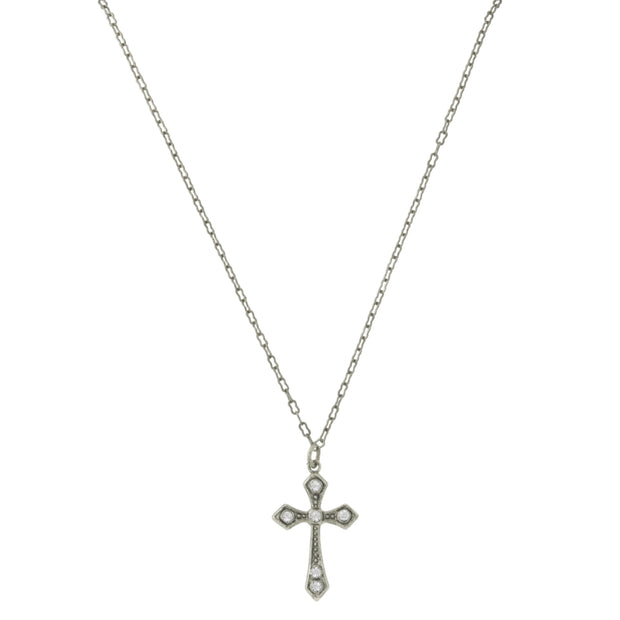 Silver Tone And Crystal Cross Necklace 15 In Adj