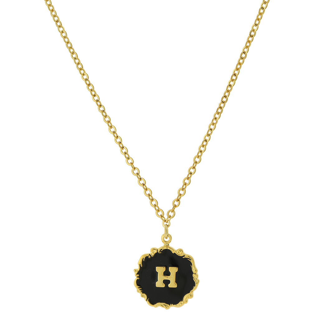 14K Gold Dipped Black Enamel Initial Pendant Necklaces H