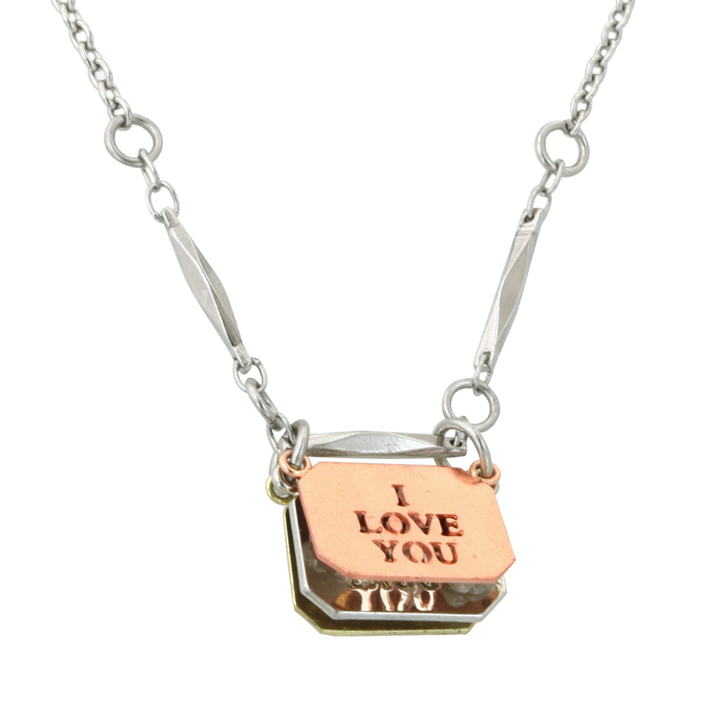Silver Tone W /  Rose Gold Tone And Gold Tone Flip Message Necklace 16   19 Inch Adjustable