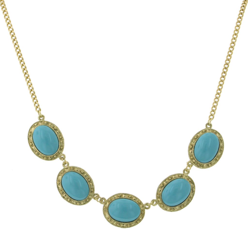 Gold Tone Turquoise Color Five Oval Stone 16   19 Inch Adjustable