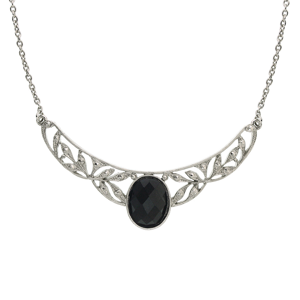 Silver Tone Black Stone Marcasite Look Collar Necklace 16   19 Inch Adjustable