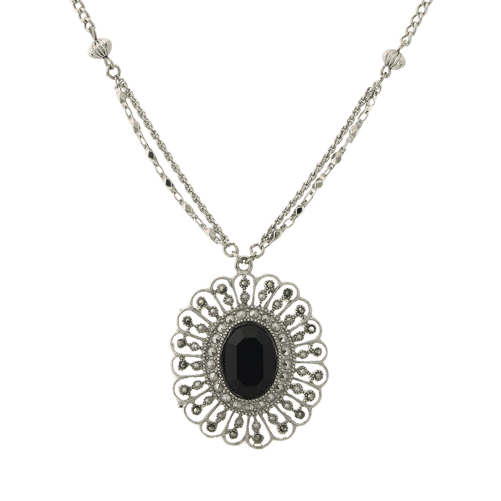 Silver Tone Flower Pendant Necklace 16   19 Inch Adjustable Black