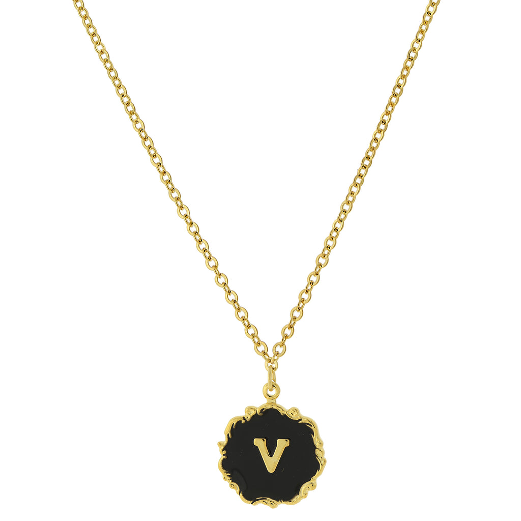 14K Gold Dipped Black Enamel Initial Pendant Necklaces V