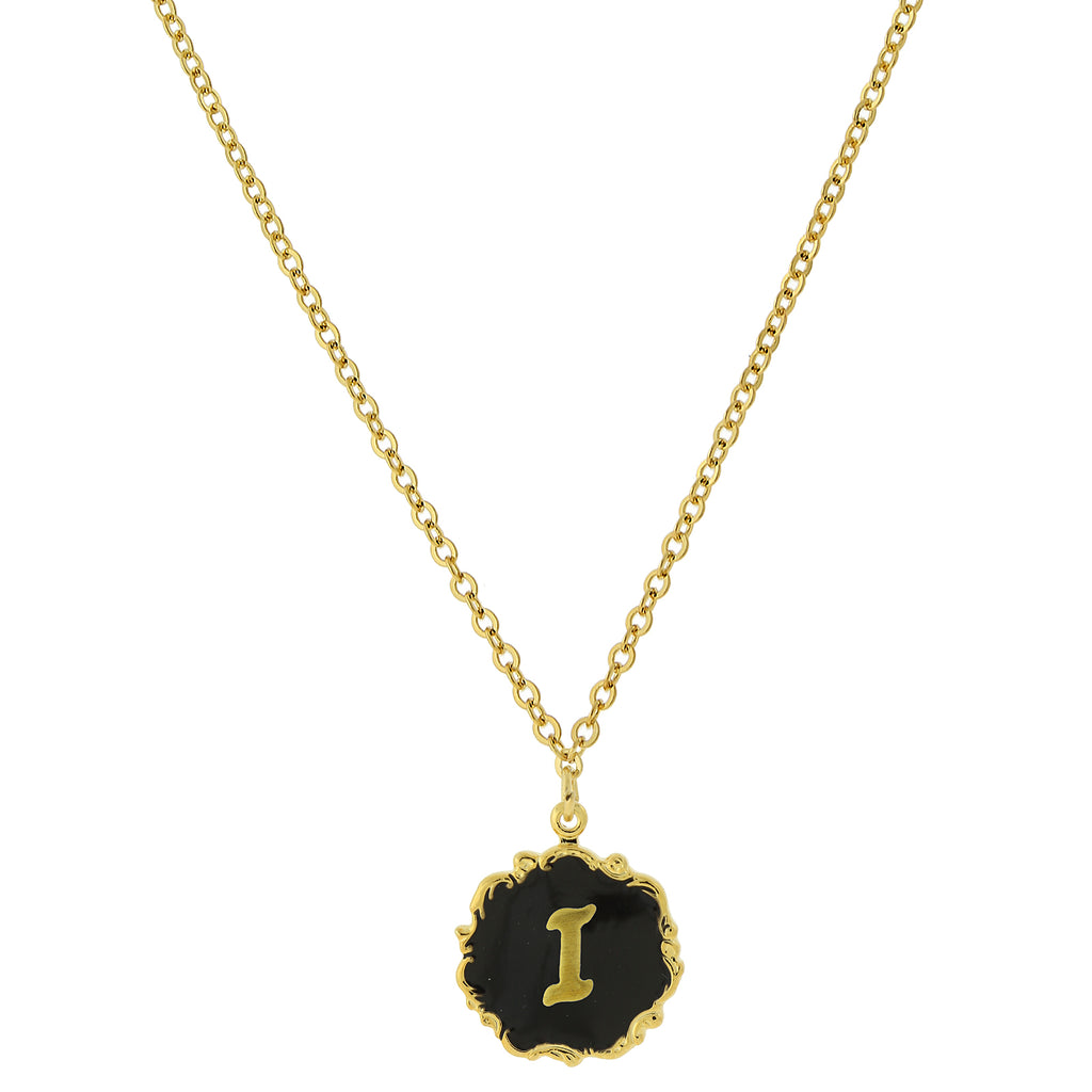 14K Gold Dipped Black Enamel Initial Pendant Necklaces I