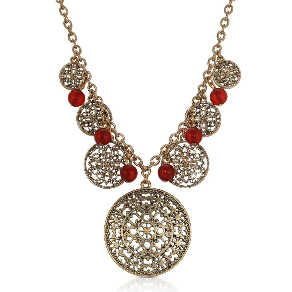 Red Filigree Round Pendant Necklace 16" + 3" Extender