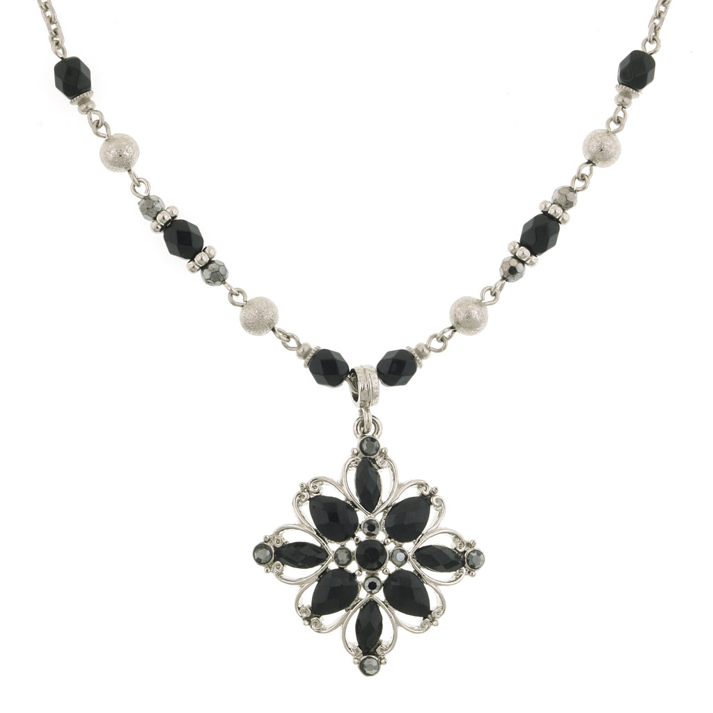 Silver Tone Black Flower Pendant Necklace 16   19 Inch Adjustable