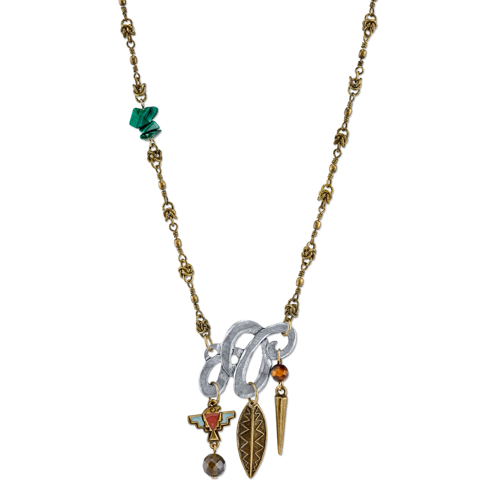Mixed Metal Necklace With Gemstone Malachite Labradorite And Tigers Eye 18 In