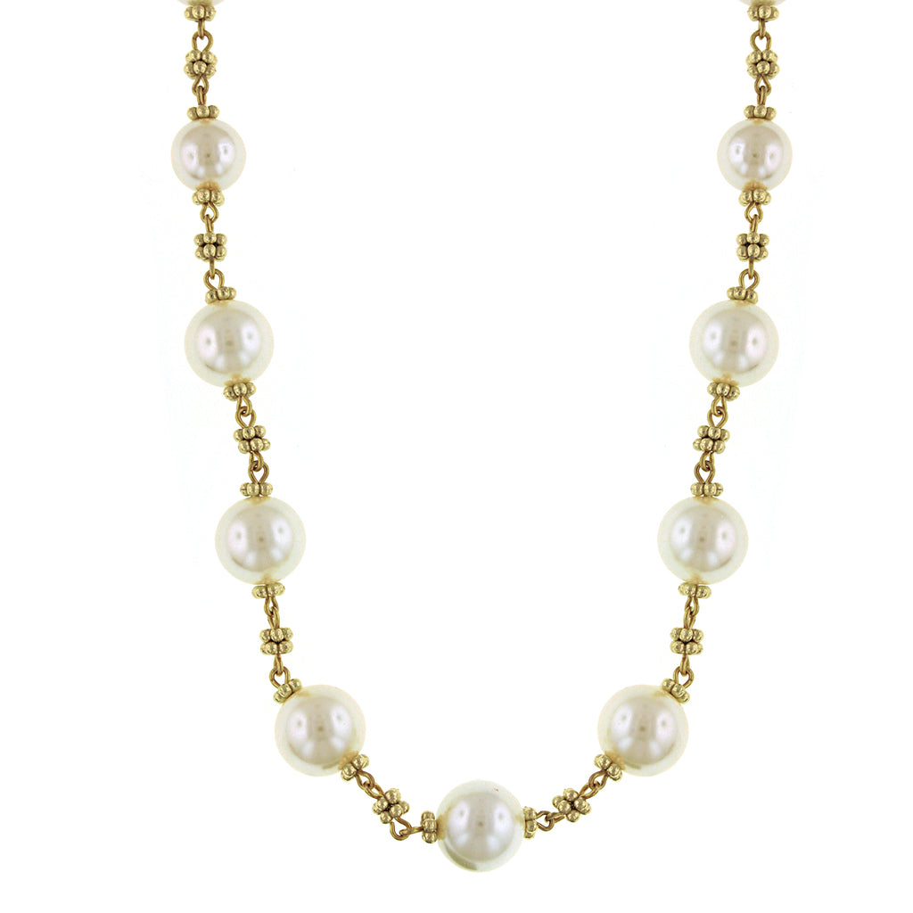 White Faux Pearl Beaded Necklace 16" + 3" Extender