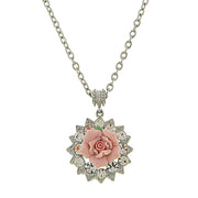 Silver Tone Crystal And Pink Porcelain Rose Pendant Necklace 16   19 Inch Adjustable