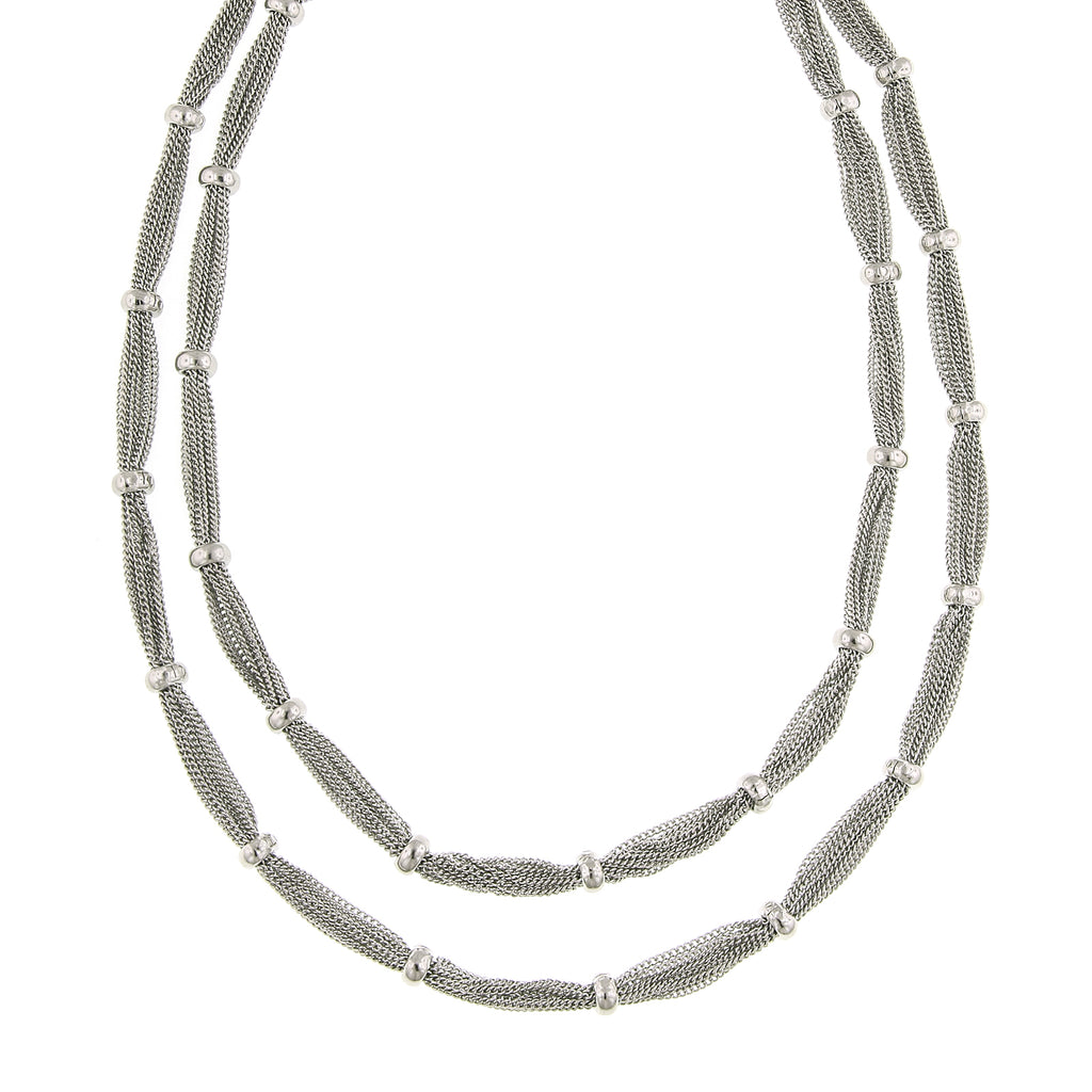 Silver Tone Double Strand Station Chain Necklace 16.5   19.5 Inch Adjustable