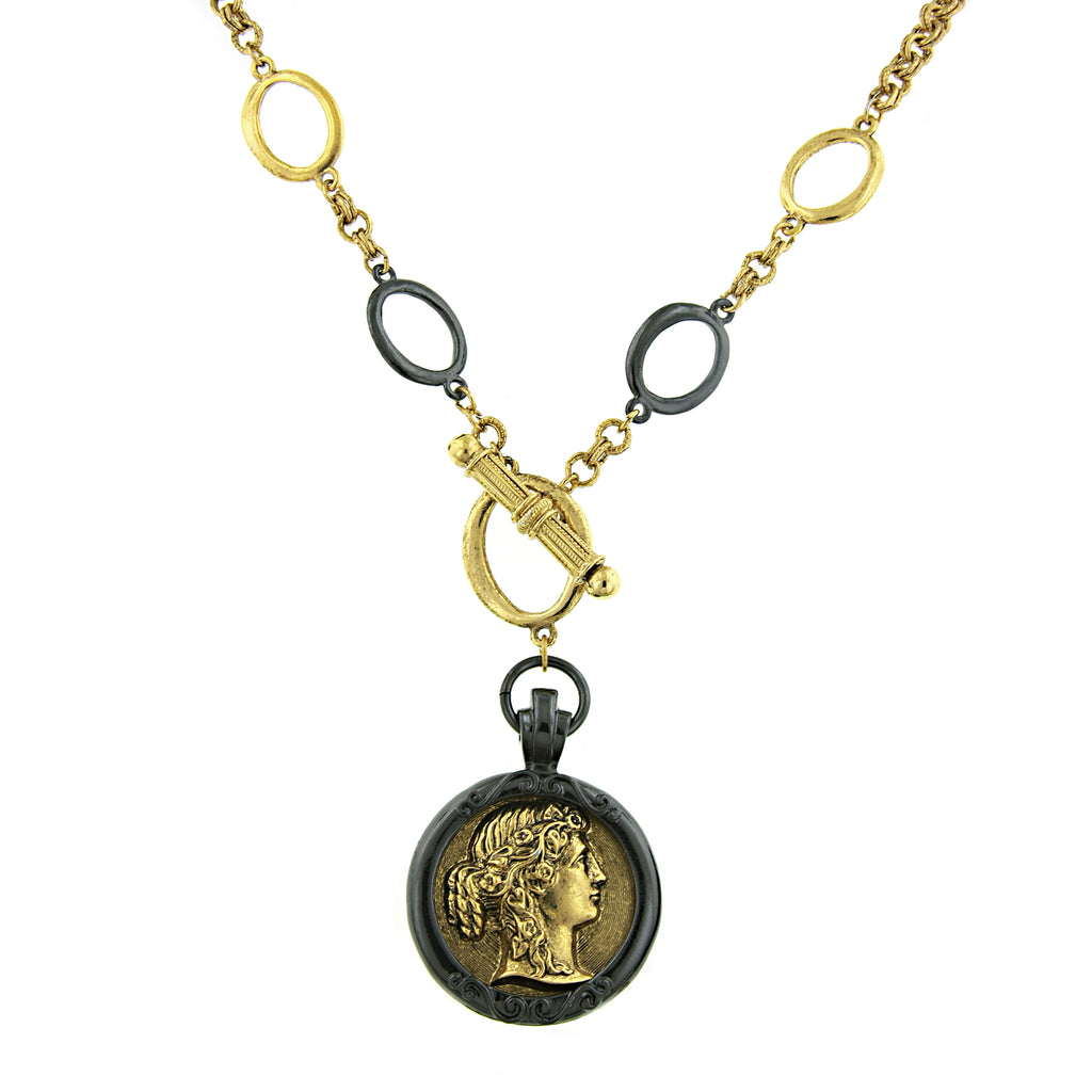 Black Tone And Gold Tone Toggle Cameo Necklace 18 In
