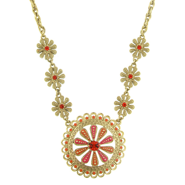 Gold Tone Orange And Coral Enamel Flower Pendant Necklace 16   19 Inch Adjustable