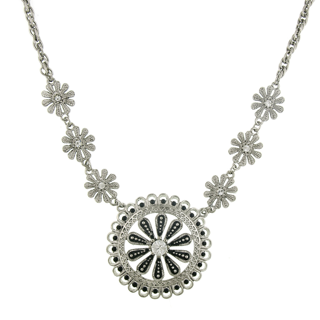 Silver Tone Jet And Crystal Pendant Necklace 16   19 Inch Adjustable