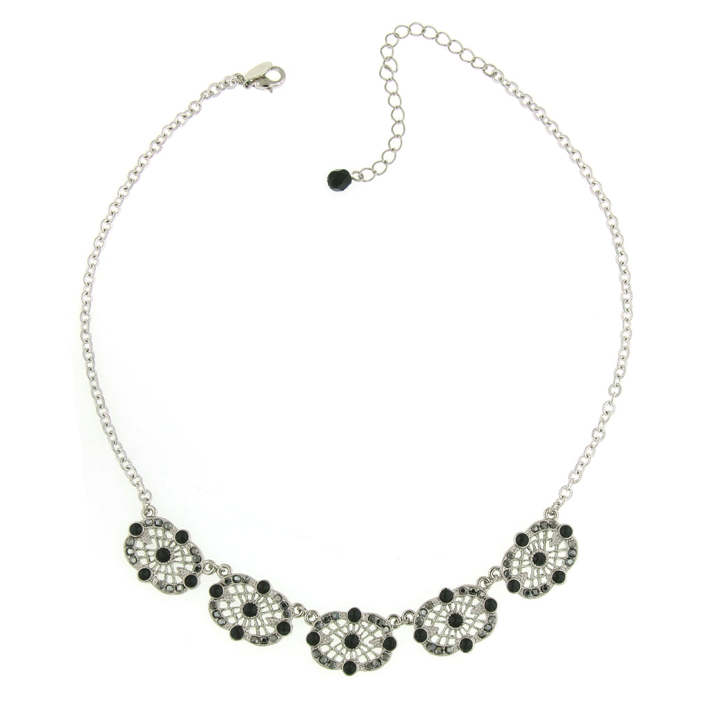 Silver Tone Hematite Color Filigree Station Collar Necklace 16   19 Inch Adjustable
