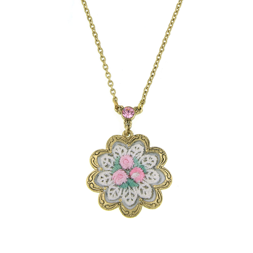 Gold Tone White And Pink Knit Flower Pendant Necklace 16   19 Inch Adjustable