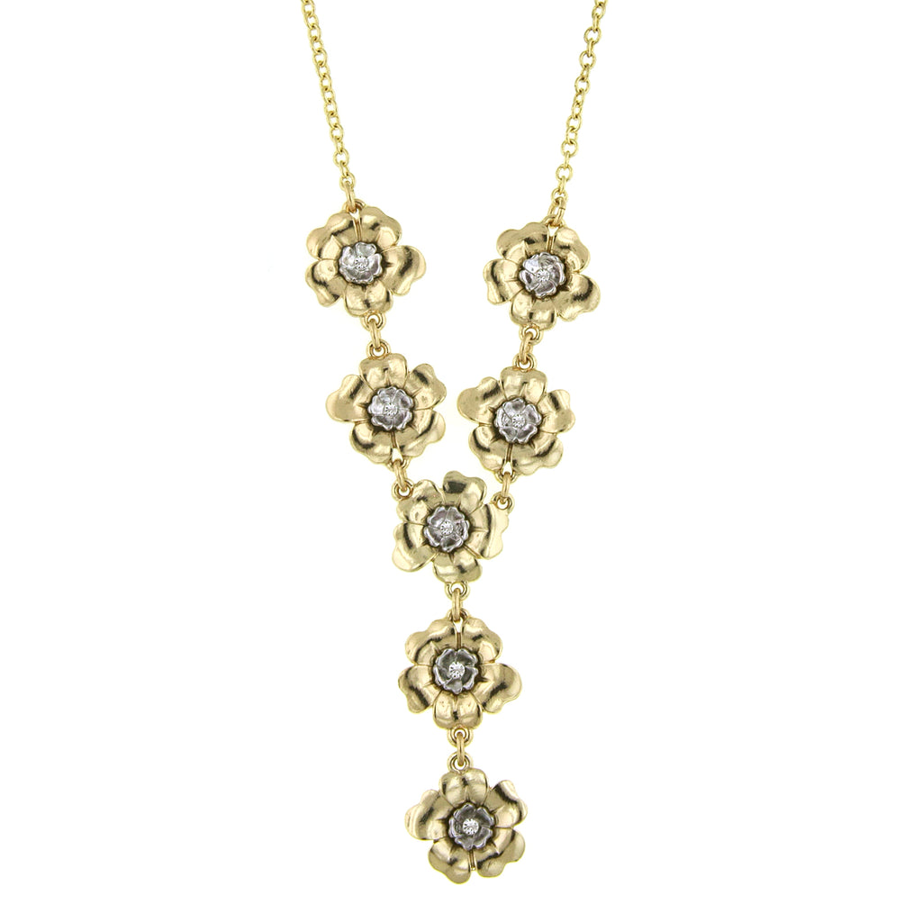 Gold/Silver Tone And Crystal Flower Y Necklace 18 In Adj