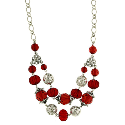 Silver Tone Red And Filigree Bead Double Strand Necklace 18 In