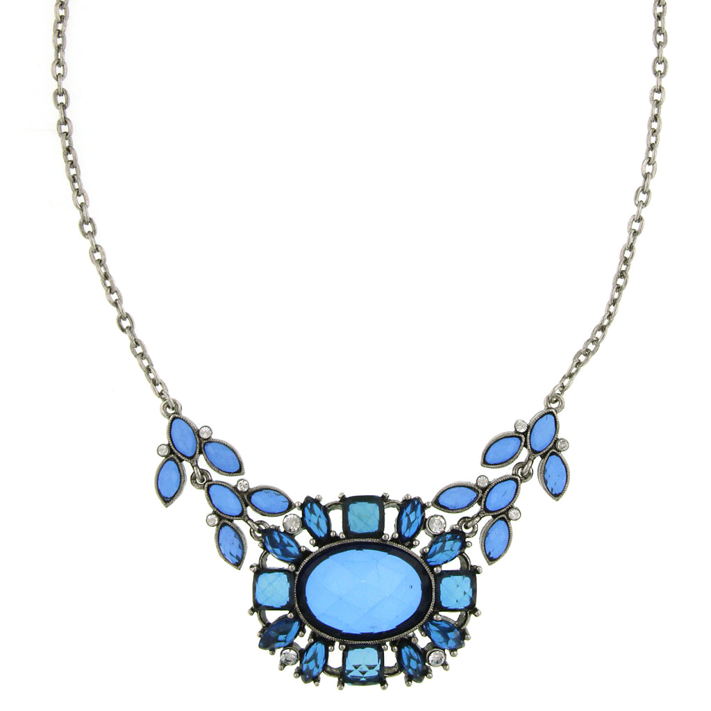Silver Tone Sapphire Blue And Crystal Necklace 16   19 Inch Adjustable