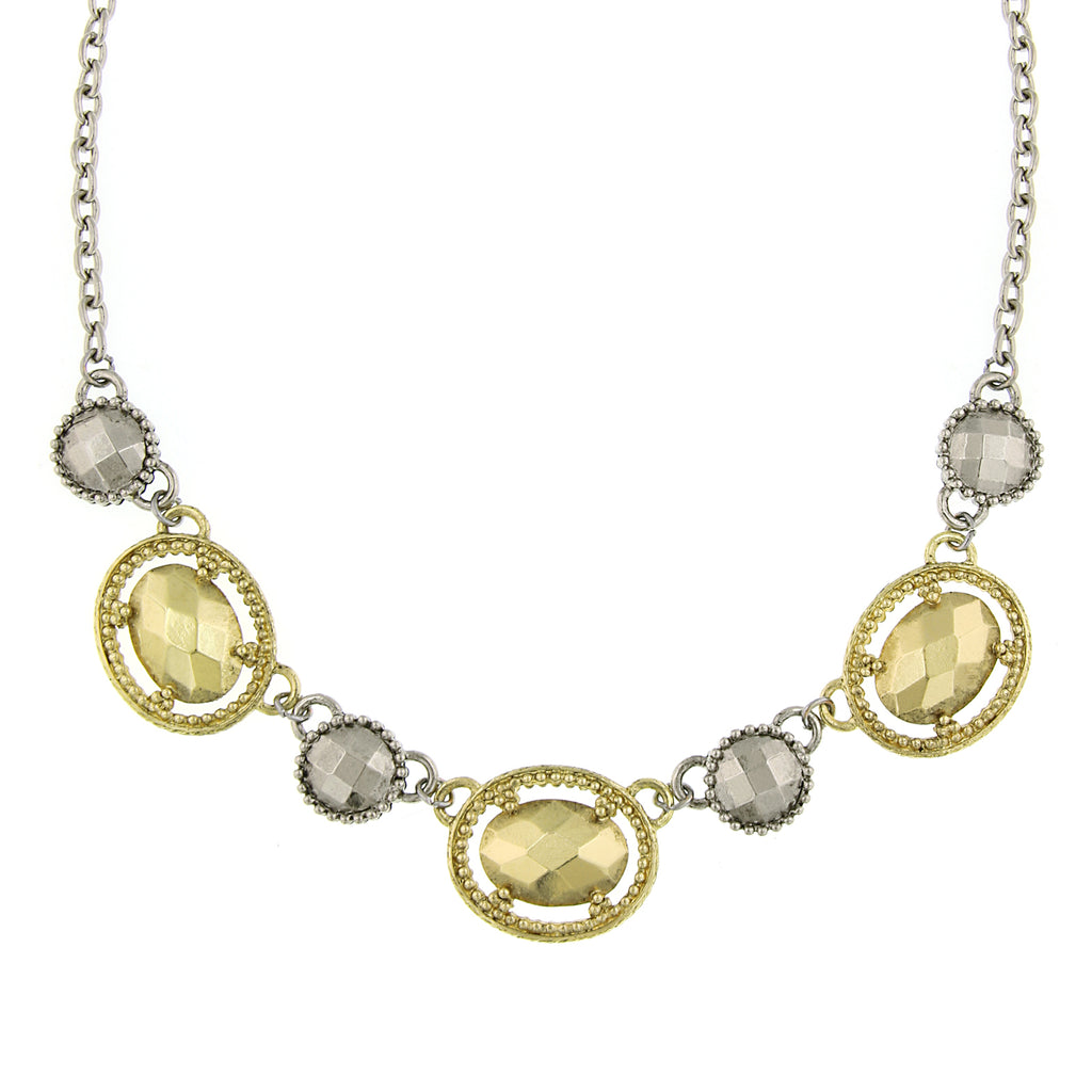 Silver And Gold Tone Faceted Oval Collar Necklace 16   19 Inch Adjustable