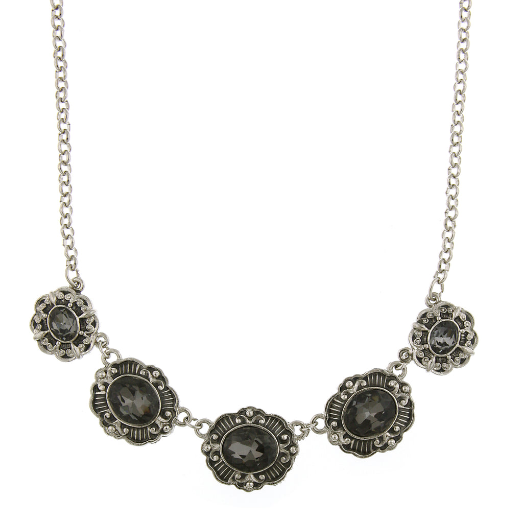 Silver Tone Black Diamond Oval Station Necklace 16   19 Inch Adjustable