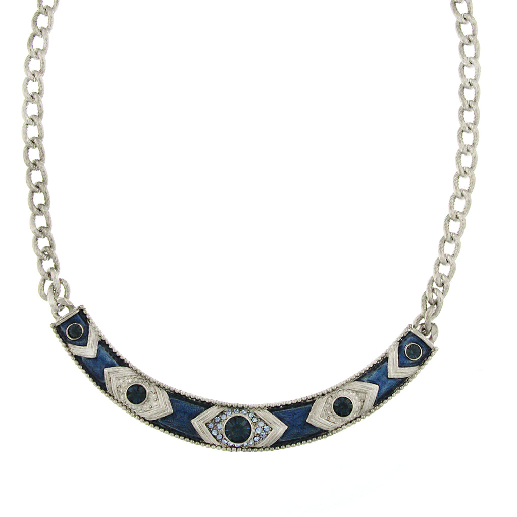 Silver Tone Blue Crystal And Blue Enamel Collar Necklace 16   19 Inch Adjustable
