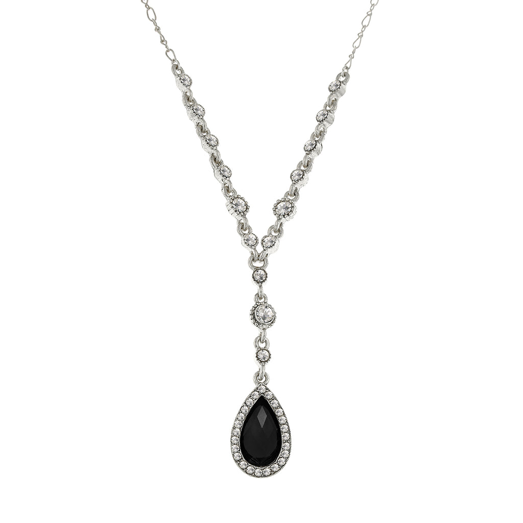 Black Crystal Accented Faceted Crystal Teardrop Y Necklace 16   19 Inch Adjustable
