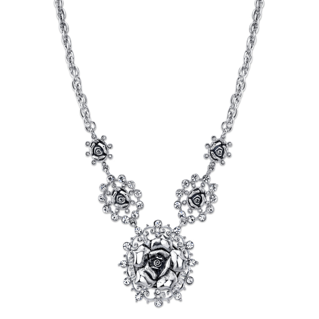 Silver Tone Crystal Multi Flower Drop Necklace 16   19 Inch Adjustable